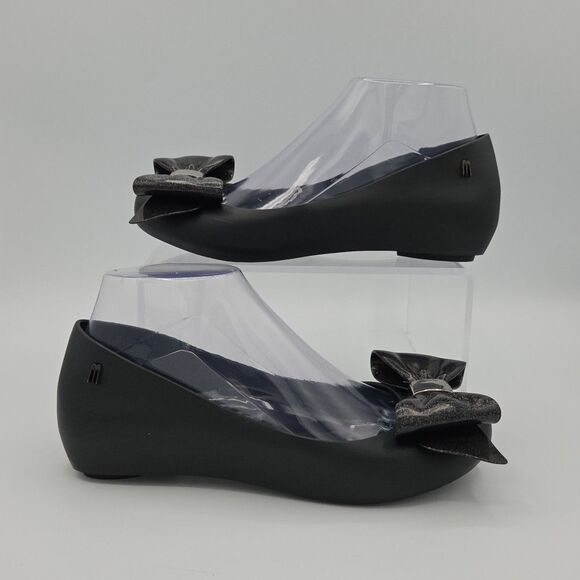 Melissa Ultragirl Black Bow Peep Toe Ballet Flats 6 Slip Ons Jelly EUC - Picture 1 of 9